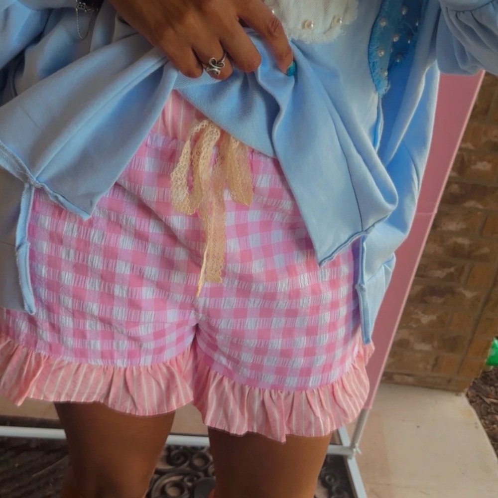 Fantastic Fawn Pink Gingham Ruffle Shorts with Lace Tie - Picture 1 of 3